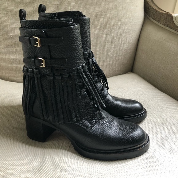 Valentino Combat Ankle Boots Fringe Buckles Block Heel US 6.5 - Picture 3 of 15